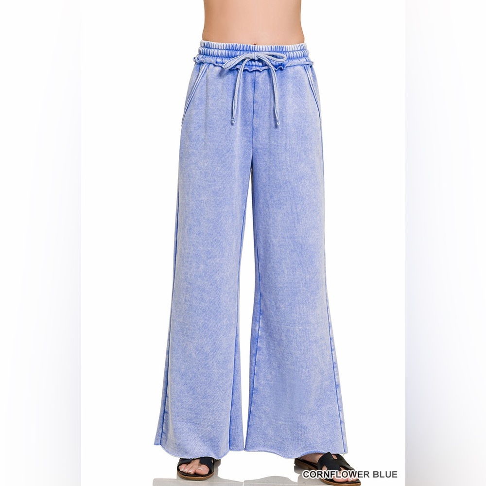 Zenana Acid Wash Fleece Palazzo Sweatpants – Cornflower Blue - Picture 4 of 5